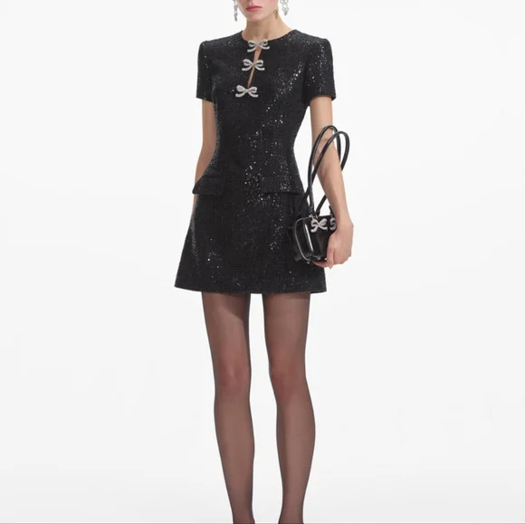 Self-Portrait Black Boucle Bow Mini Dress
